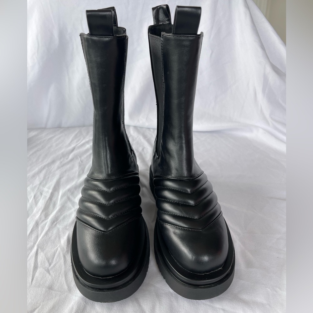 EGO AYAH Stitch Detail Mid Calf Ankle Biker In Faux Leather Boots Black Size 7